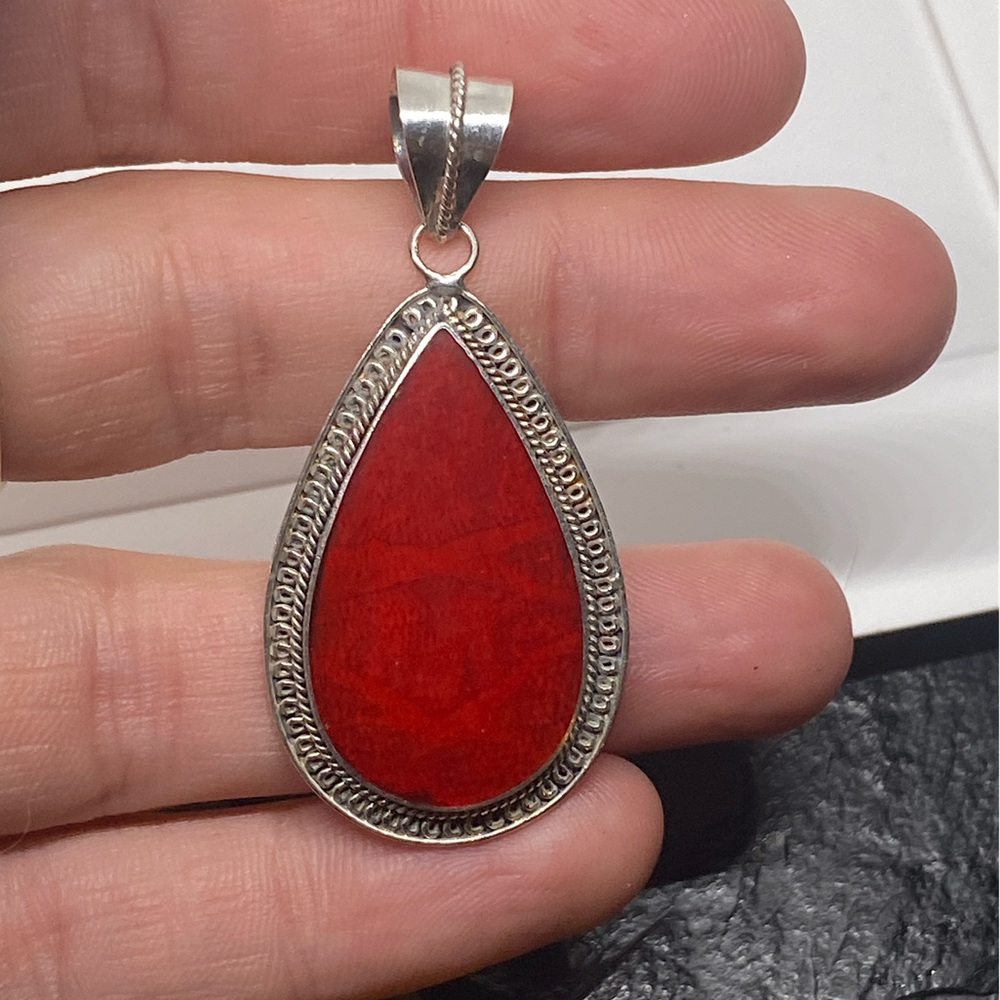 Teardrop Red Stone Sterling Silver 925 Pendant